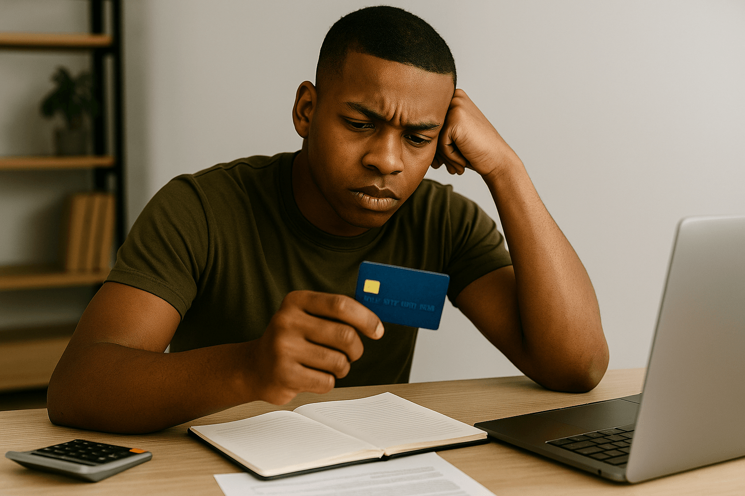 Soldier sitting at a desk looking worried at a credit card while reviewing finances on his laptop.