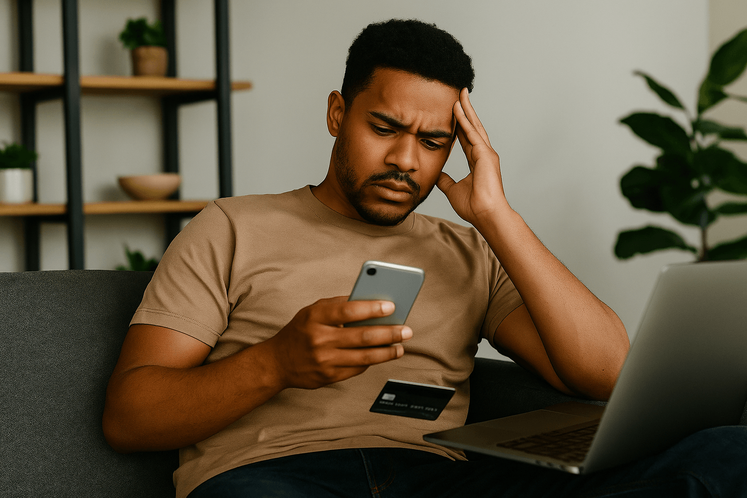Soldier sitting on the couch looking worried at his phone with a credit card on his lap while managing finances on a laptop.