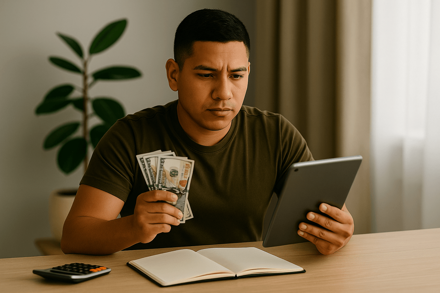 Soldier holding cash while looking at a tablet with an open notebook and calculator on the desk.