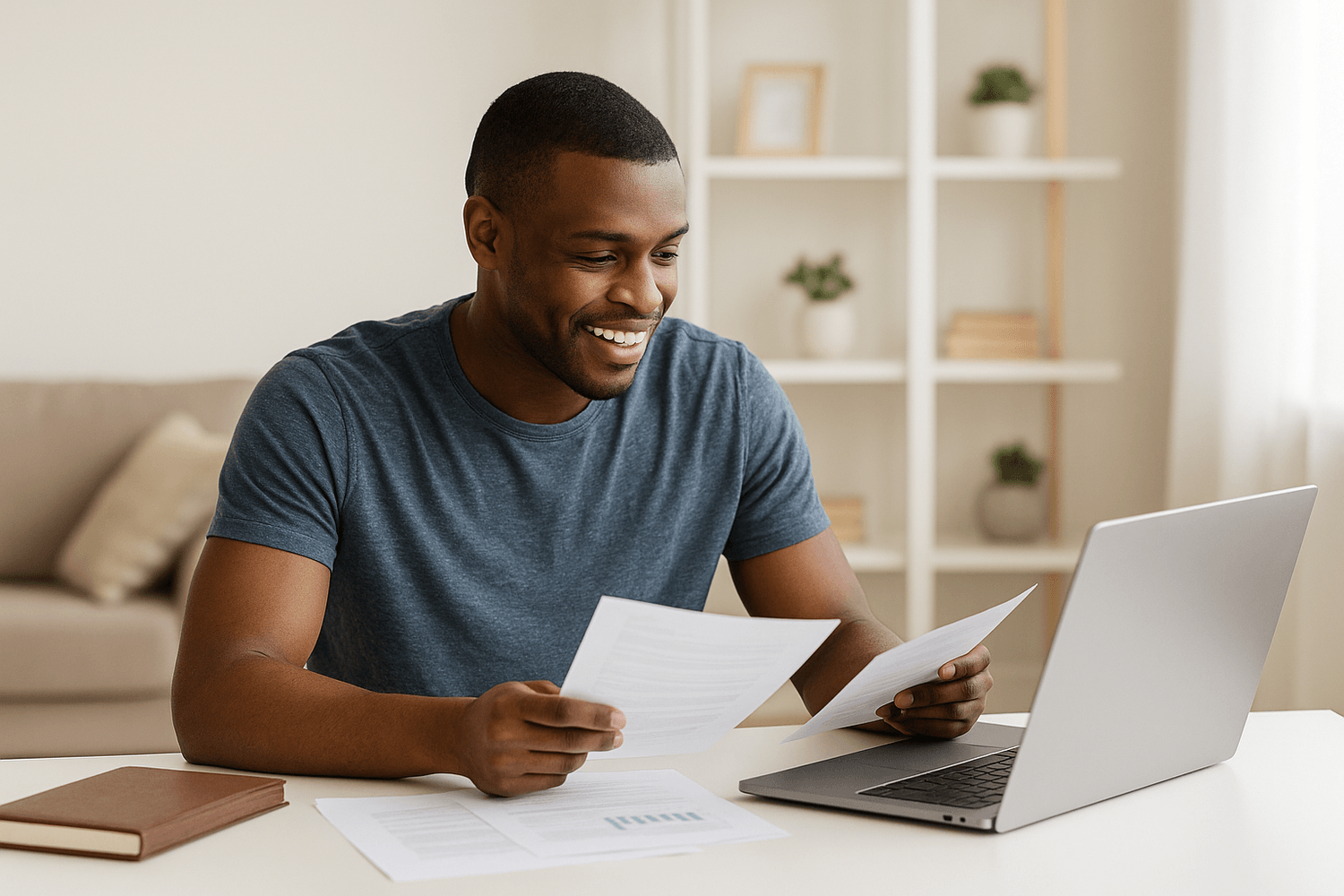 Man sitting at a desk smiling while reviewing financial documents and checking numbers on his laptop, feeling confident about his budget and money plan.