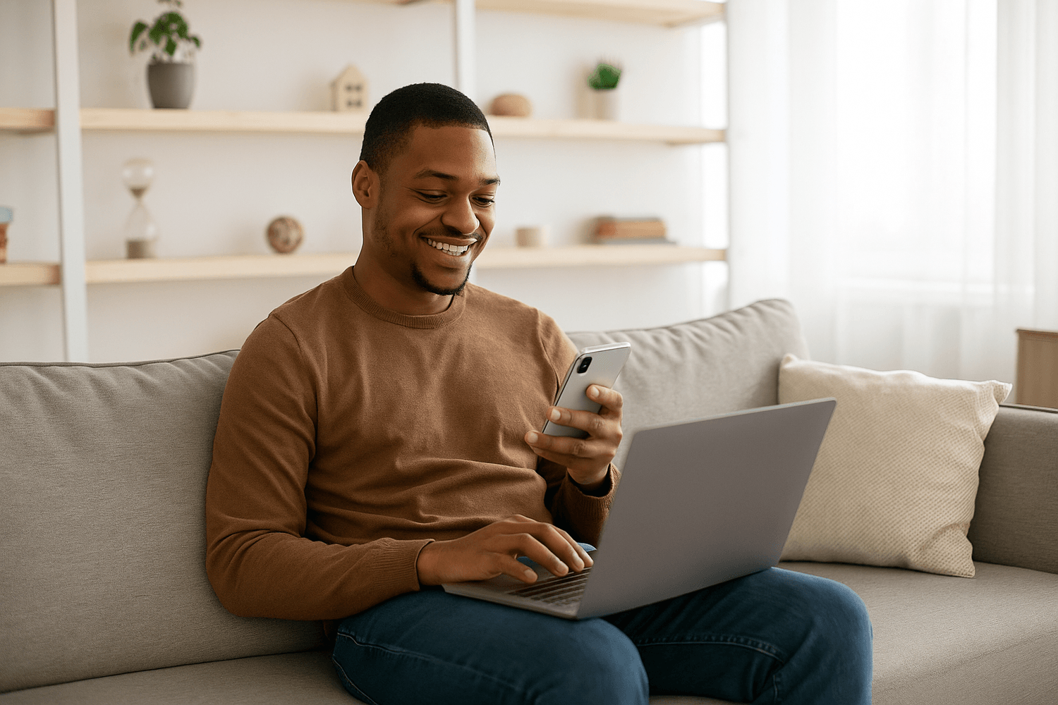Man sitting on a couch happily checking his phone while using a laptop, reviewing his money and budget updates at home.