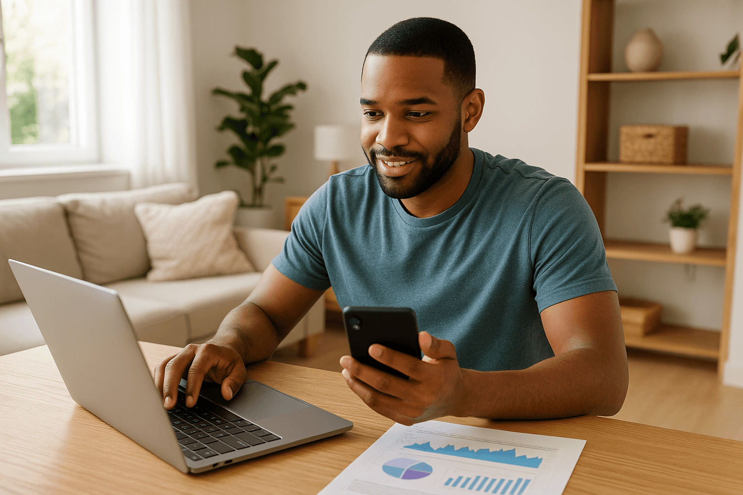 Person reviewing personal finances at home while using a laptop and phone.