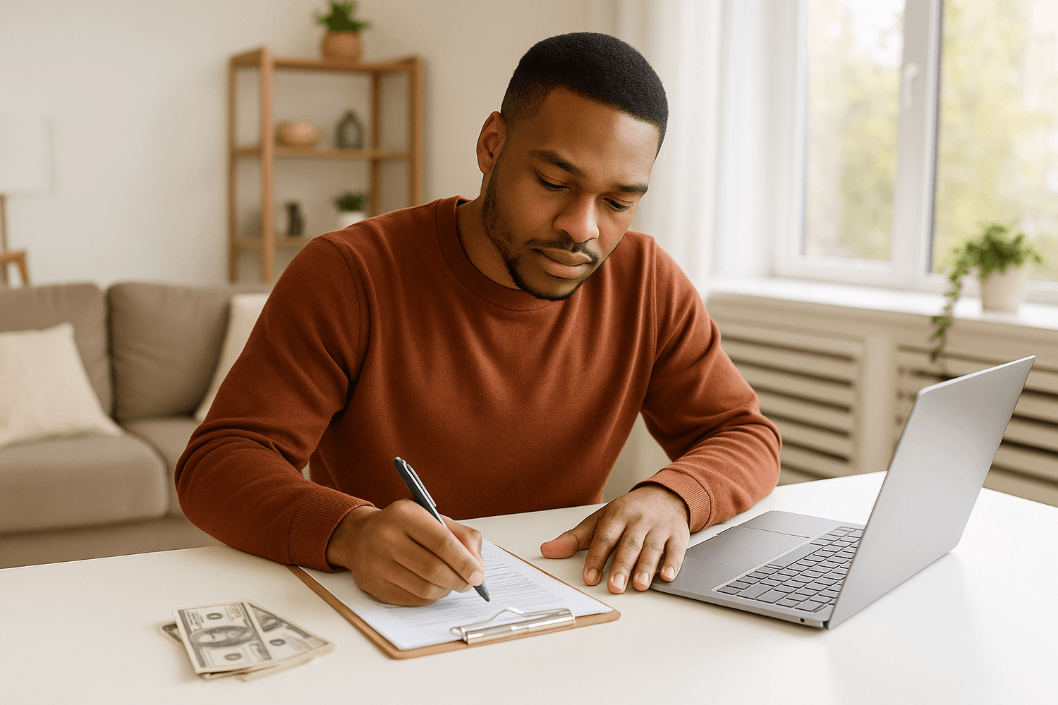 Person writing on a clipboard at home while organizing personal finances with a laptop nearby.