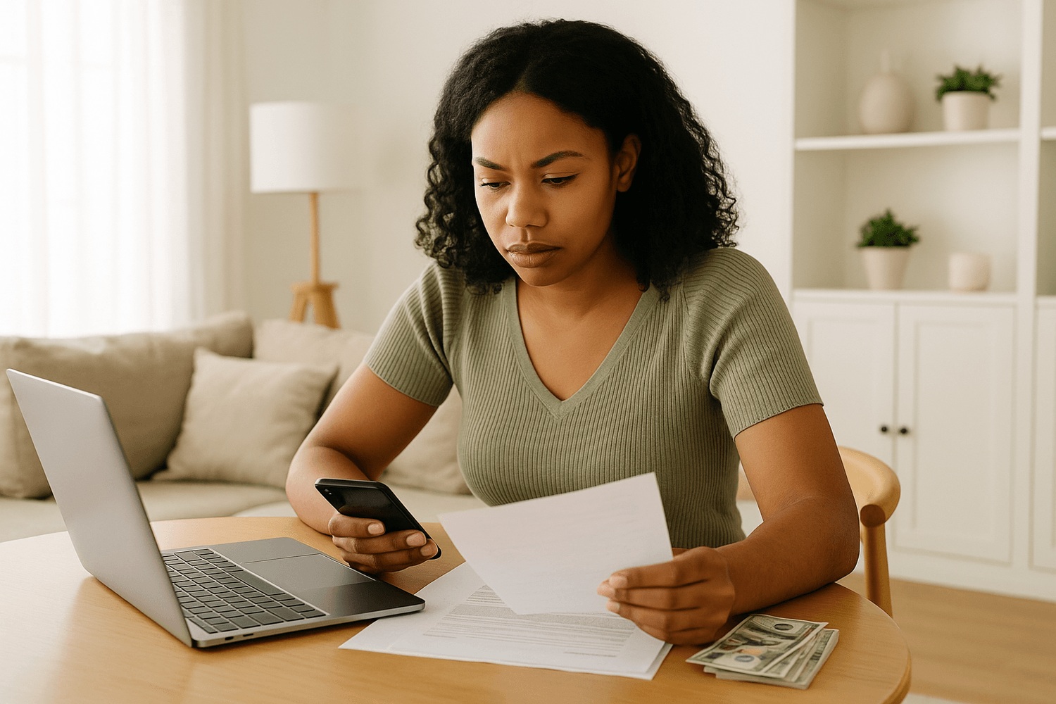 Person reviewing bills and financial documents at home with a phone and laptop