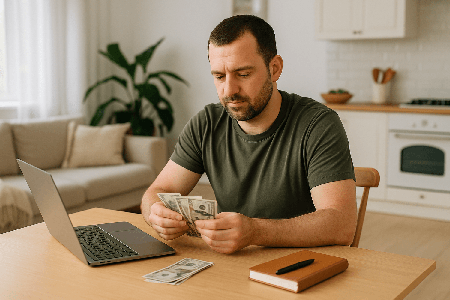 Person counting cash at home while managing finances with a laptop.