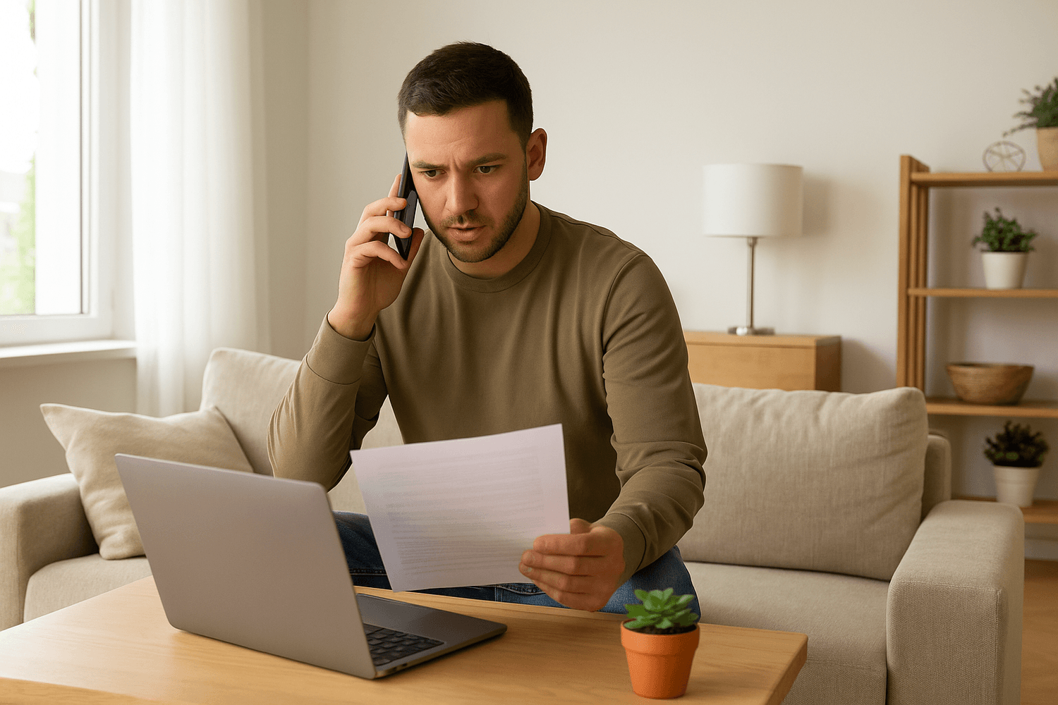 Person on the phone reviewing financial documents at home with a laptop.