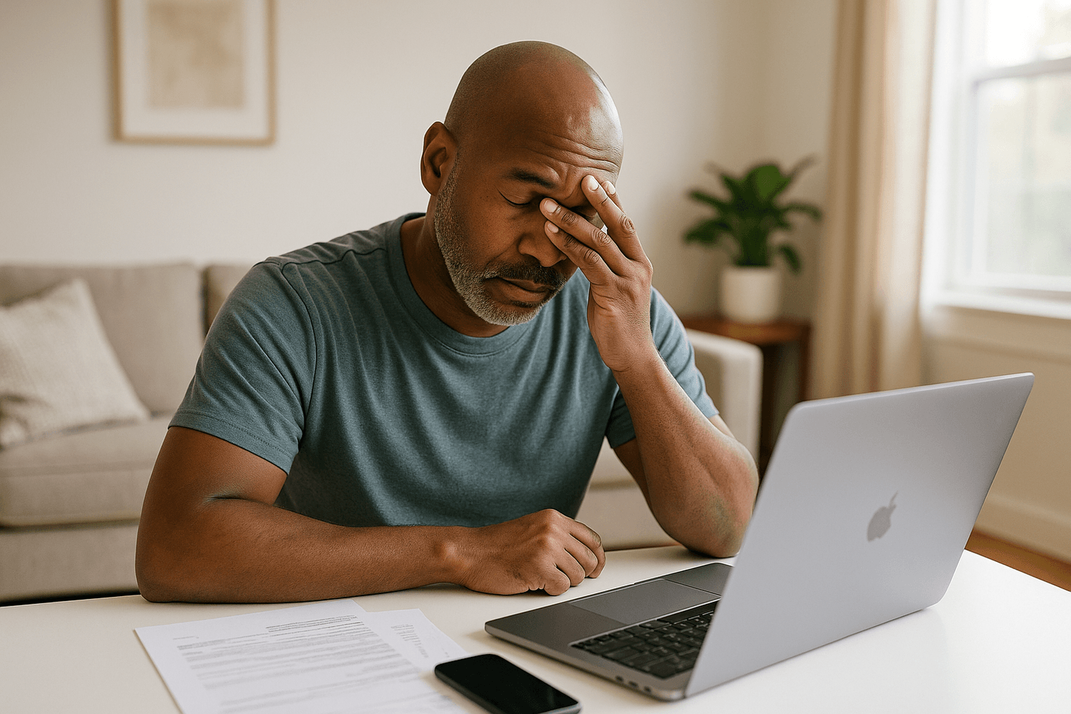 Person feeling stressed while reviewing financial information on a laptop at home.