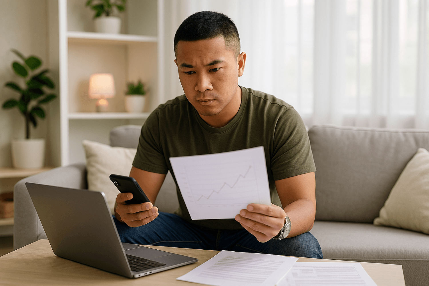 Person reviewing financial charts at home while comparing information on a phone and laptop.