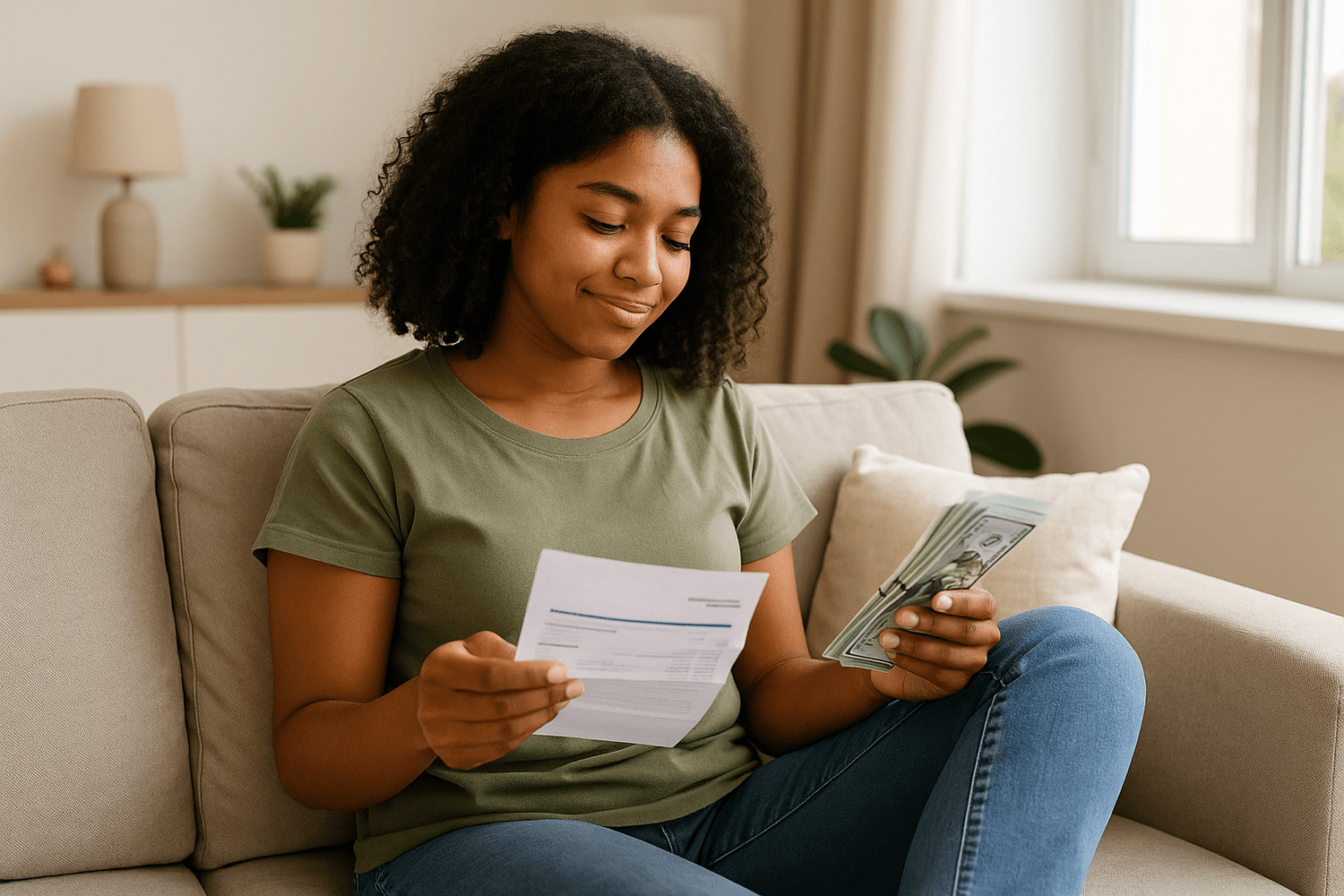 Person reviewing a document while holding cash at home, reflecting on personal finances.
