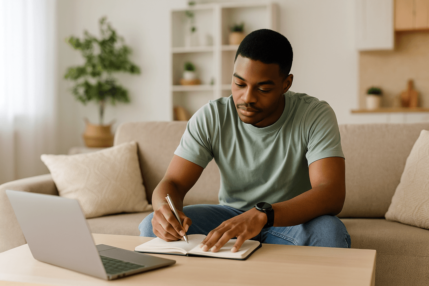 Person writing in a notebook while reviewing personal finance plans with a laptop at home.