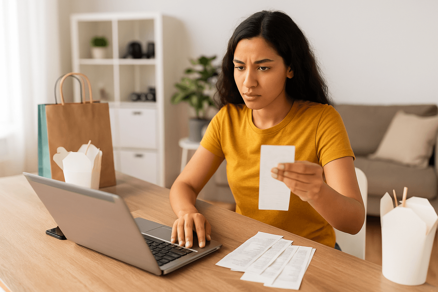 Person reviewing receipts and checking expenses on a laptop at home.
