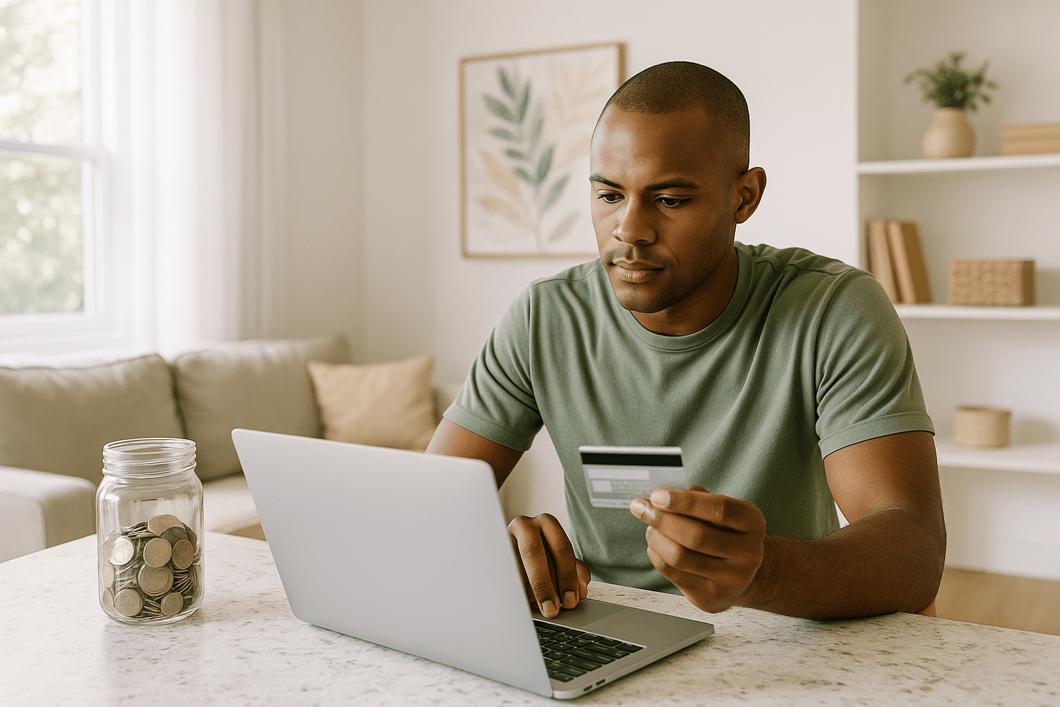 Person sitting at a table using a laptop while holding a credit card, with a jar of coins nearby