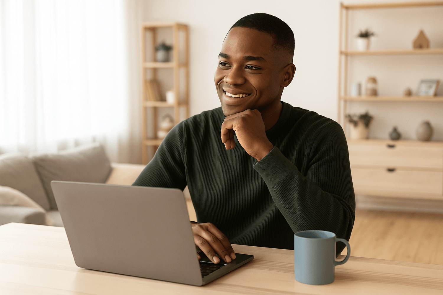 Man smiling while working on a laptop at home, representing positive financial progress and budgeting confidence for Wealth While You Serve