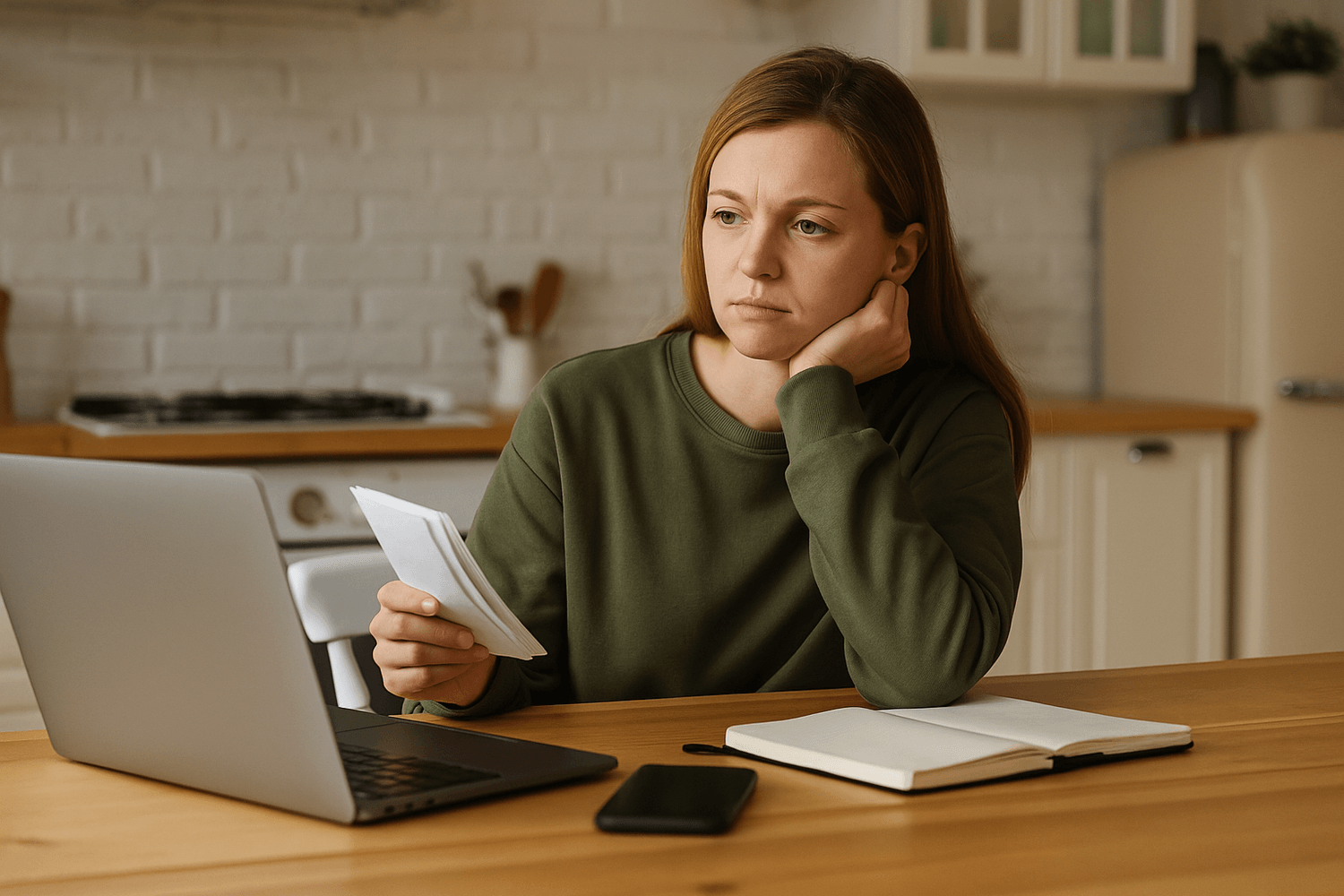 woman reviewing bills on laptop at kitchen table looking stressed about monthly expenses WWYS money management theme