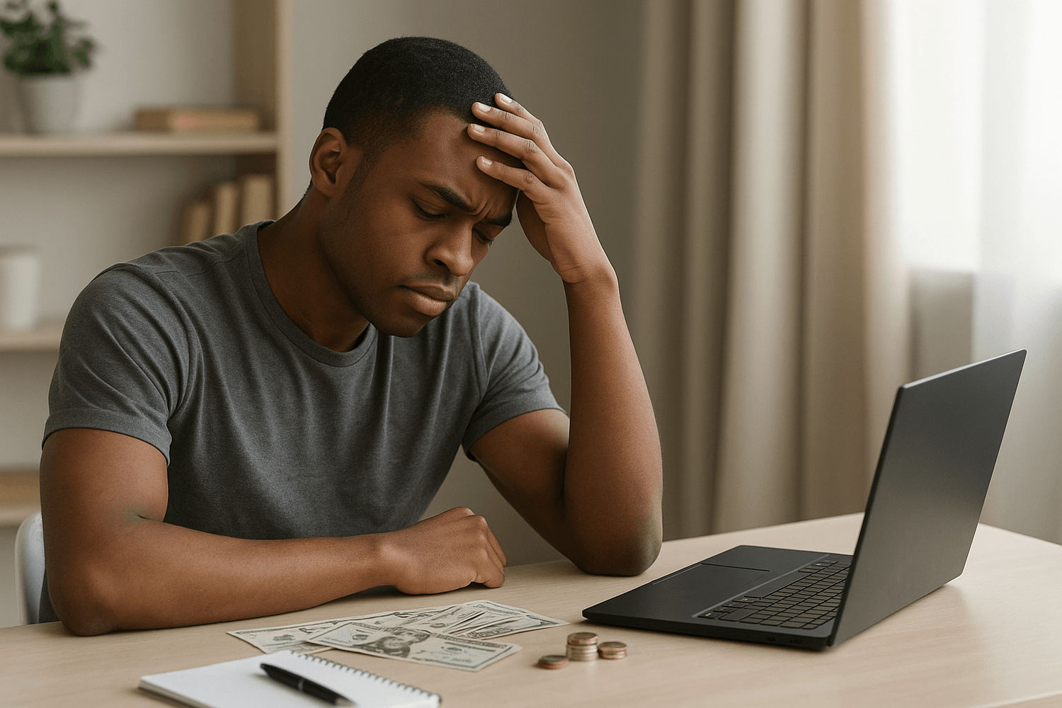 stressed man sitting at a desk with his head in his hand while looking at money and coins beside a laptop, showing financial worry or budgeting challenges in a home office setting