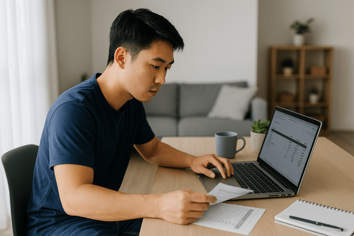 man sitting at a desk reviewing financial papers while looking at a spreadsheet on his laptop, with a notebook, pen, and coffee mug nearby in a home office setting