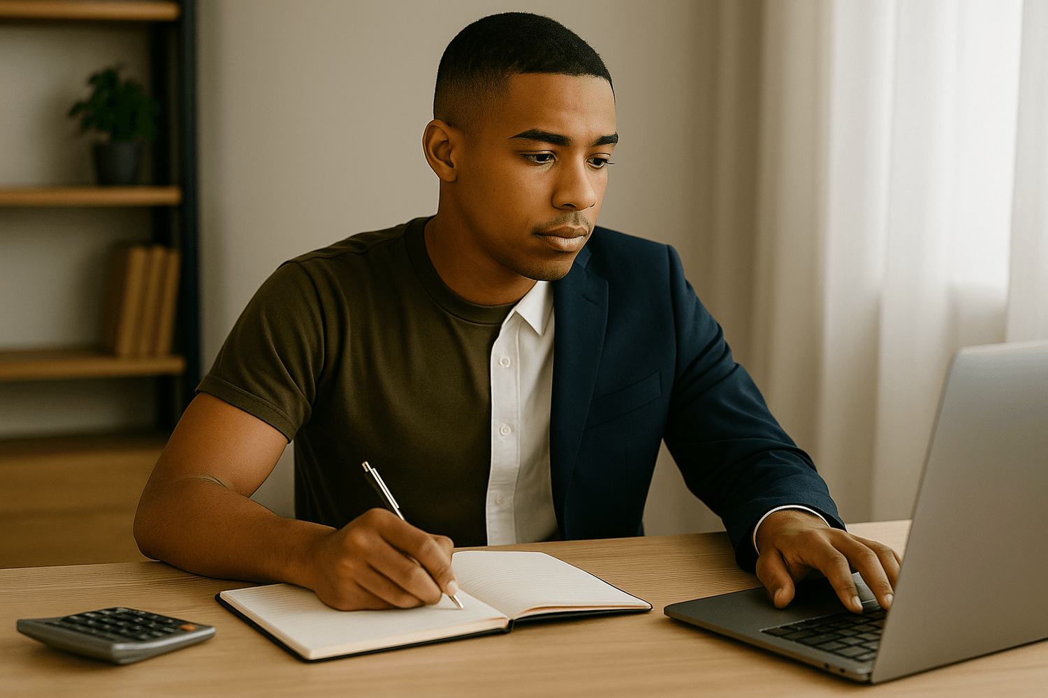 man working at a desk with a laptop and open notebook, wearing a partial uniform of a green t-shirt and a dark blazer, focused as he writes and reviews information; a calculator sits nearby, and the scene shows a calm home office environment with soft natural lighting, conveying budgeting, financial planning, or managing personal finances in a professional yet relatable setting