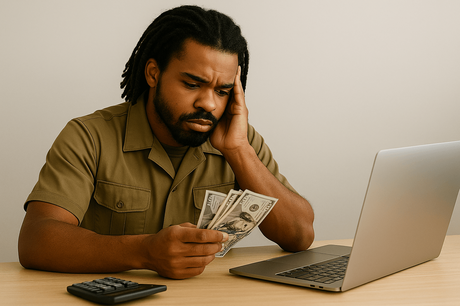 man in an olive-green uniform-style shirt sitting at a desk, holding a small stack of cash while looking at it with concern, suggesting financial stress or uncertainty; his other hand rests against his face as he checks numbers on a laptop, with a calculator nearby, creating a realistic scene of budgeting challenges, money pressure, or trying to stretch a paycheck, common issues many young adults and service members face when managing monthly expenses