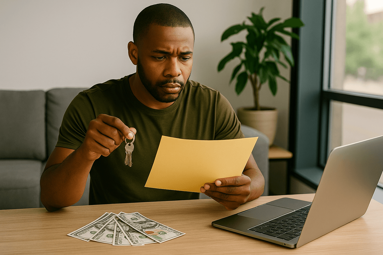 man sitting at a desk holding a set of house keys in one hand and reading a yellow document with a serious expression, with cash spread on the table and a laptop open nearby, illustrating financial decision-making related to renting, buying, or budgeting for housing