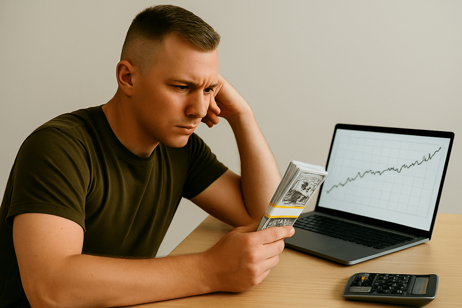 Man sitting at a desk reviewing a stack of cash while looking at a laptop screen displaying an upward financial chart. He appears focused and thoughtful, with a calculator and notebook nearby, suggesting budgeting, investment planning, or evaluating personal finances.