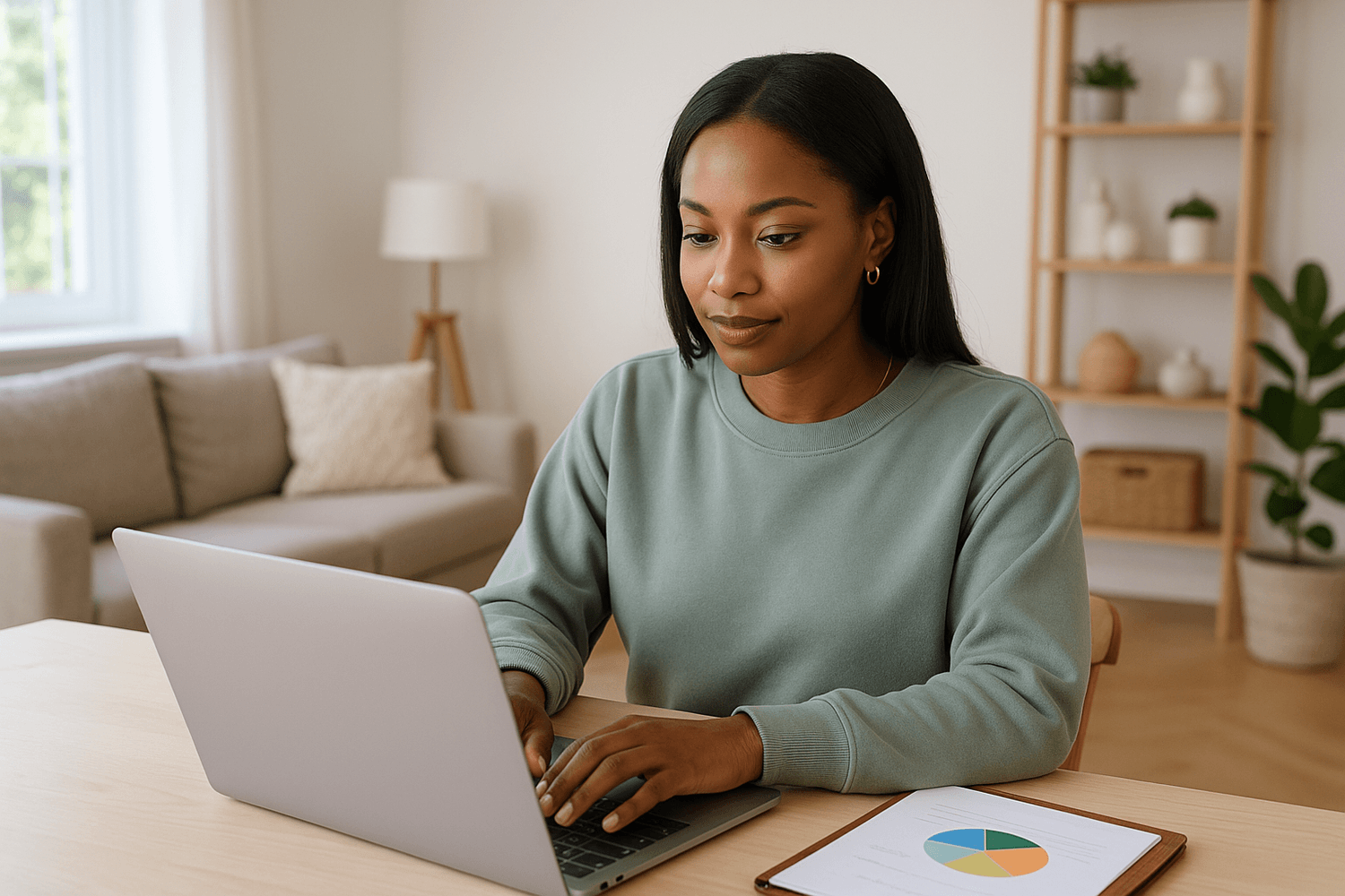 Young adult working on a laptop at a home desk with a financial chart nearby, representing online budgeting, investment tracking, and long term financial planning from home