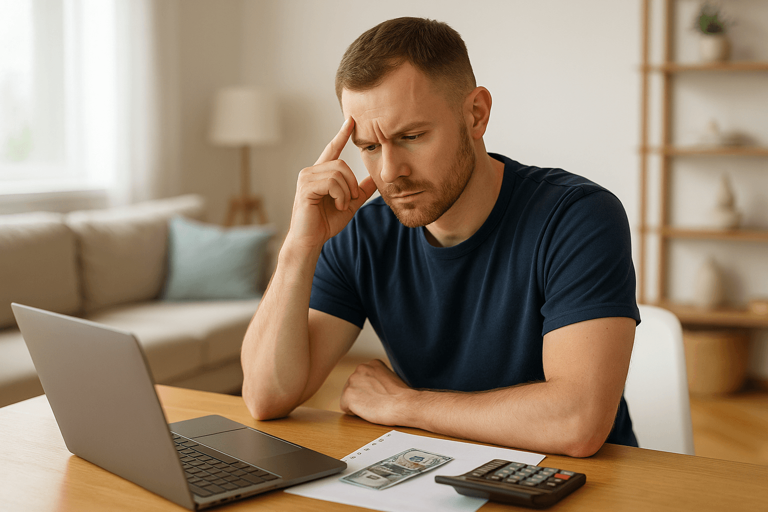 Adult reviewing finances at a desk with a laptop, calculator, and cash, representing budgeting stress and the need for better money planning