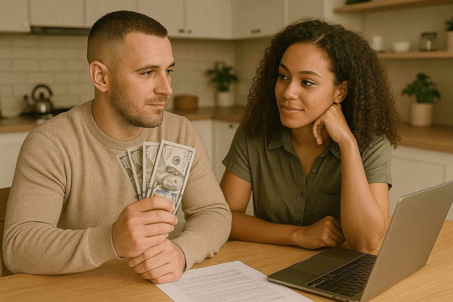 Couple reviewing finances together at a table with cash and a laptop, representing shared budgeting decisions and open money conversations