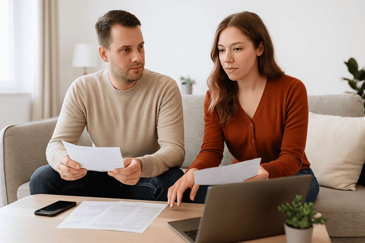 Couple reviewing financial documents together at home with a laptop, representing shared budgeting decisions and clear money planning