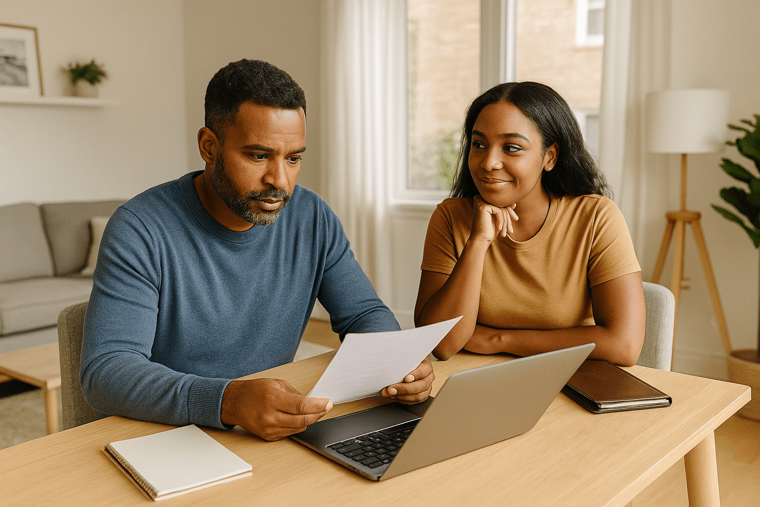 Couple reviewing documents together at a table with a laptop, representing shared financial planning, communication, and intentional decision-making