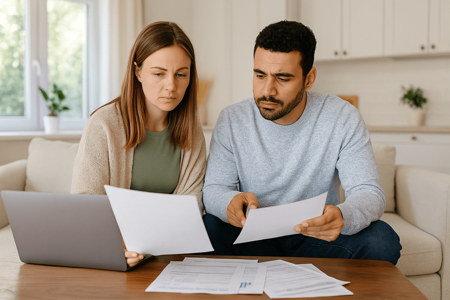 Two adults reviewing paperwork together with a laptop at home, representing shared financial responsibility and careful decision-making