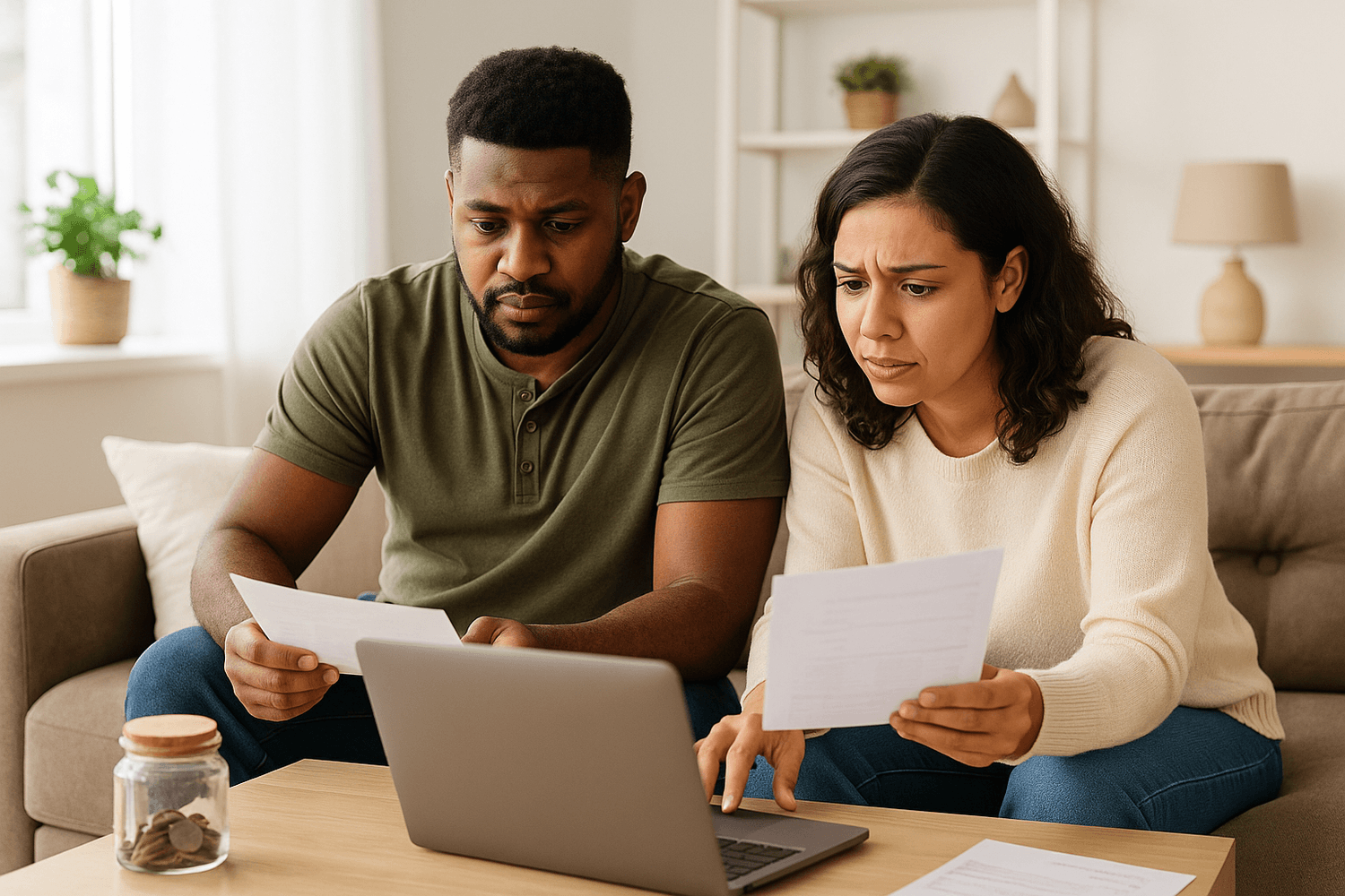Two adults reviewing printed documents beside a laptop at home, representing careful financial review and shared responsibility