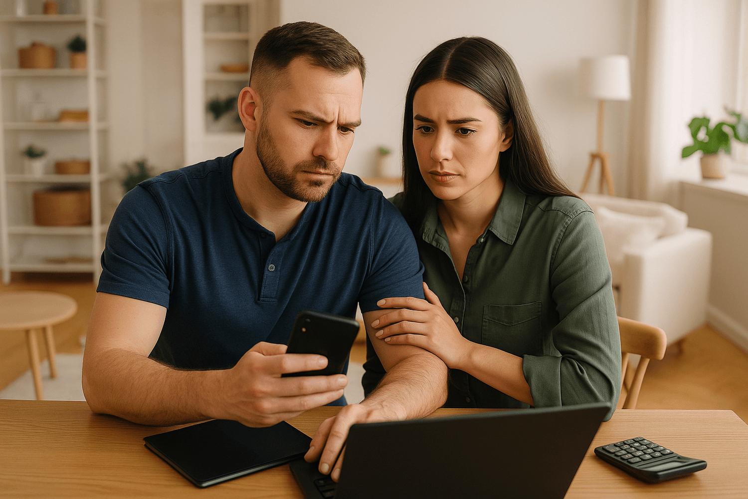 Two adults seated at a table reviewing information on a laptop and smartphone in a home setting