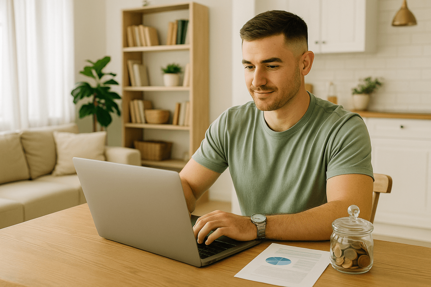 Adult seated at a table using a laptop in a home setting, with printed financial documents and a jar of coins nearby, representing independent money management, review of personal finances, and deliberate planning habits
