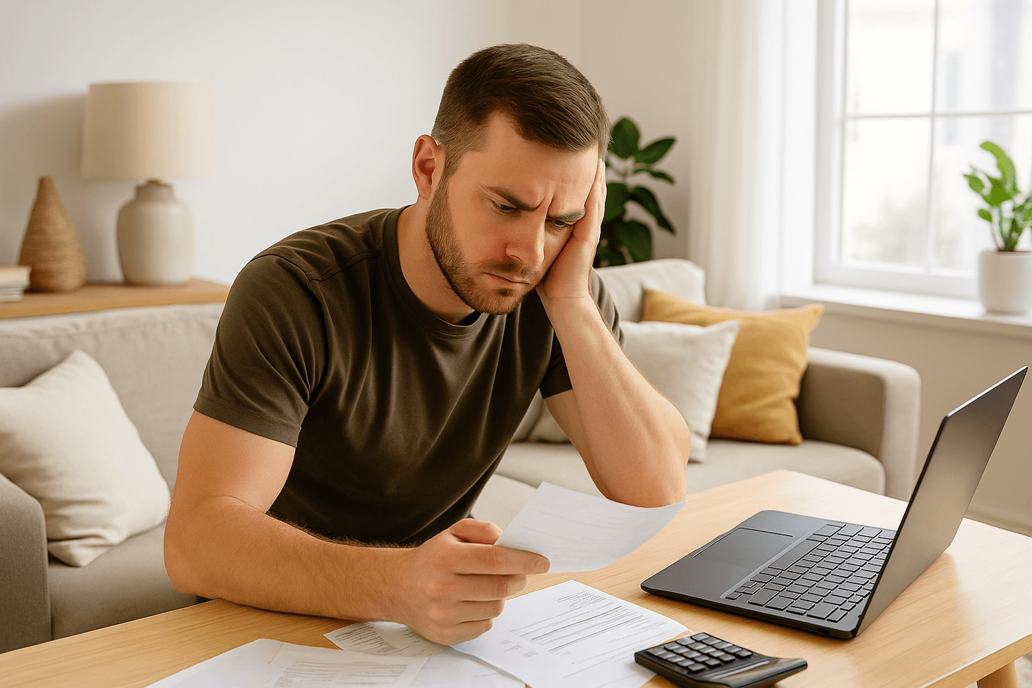 Adult seated at a table in a bright living room, resting their head on one hand while reviewing printed documents next to an open laptop and calculator, with a couch and window in the background, representing focused at-home financial or administrative review