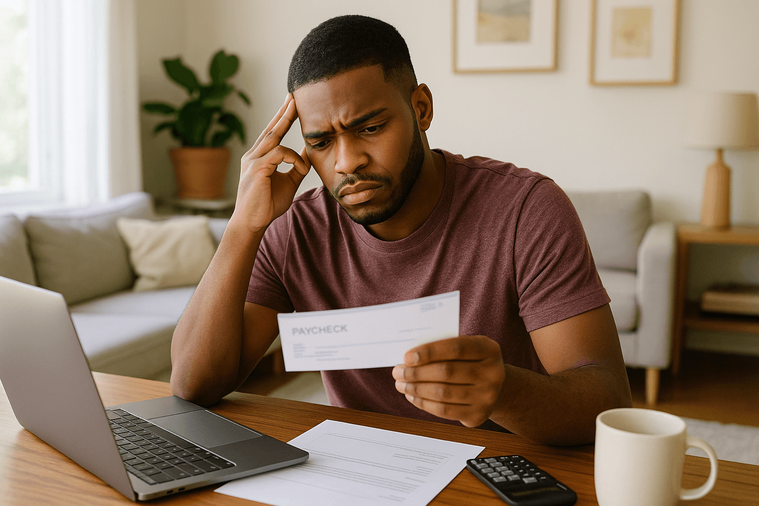 Adult seated at a wooden table in a living room, holding a paycheck while reviewing printed documents beside an open laptop, calculator, and coffee mug, with a couch, plant, and framed wall art visible in the background
