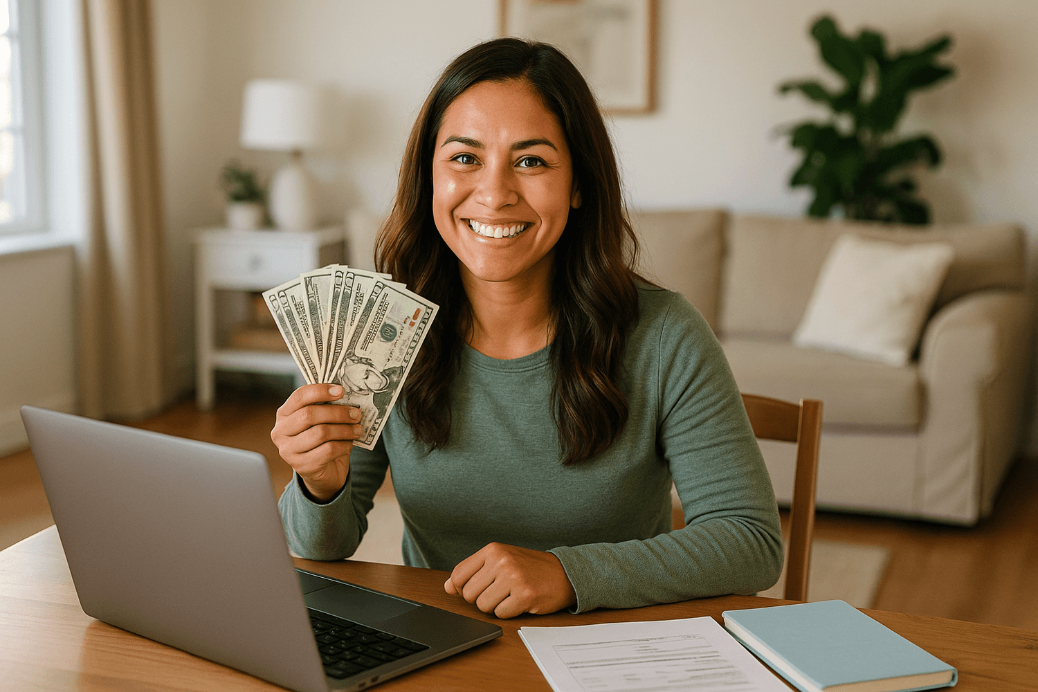 Adult seated at a wooden table in a living room, holding several U.S. dollar bills in one hand while sitting beside an open laptop, with paperwork and a notebook placed on the table and a sofa, lamp, and houseplant visible in the background