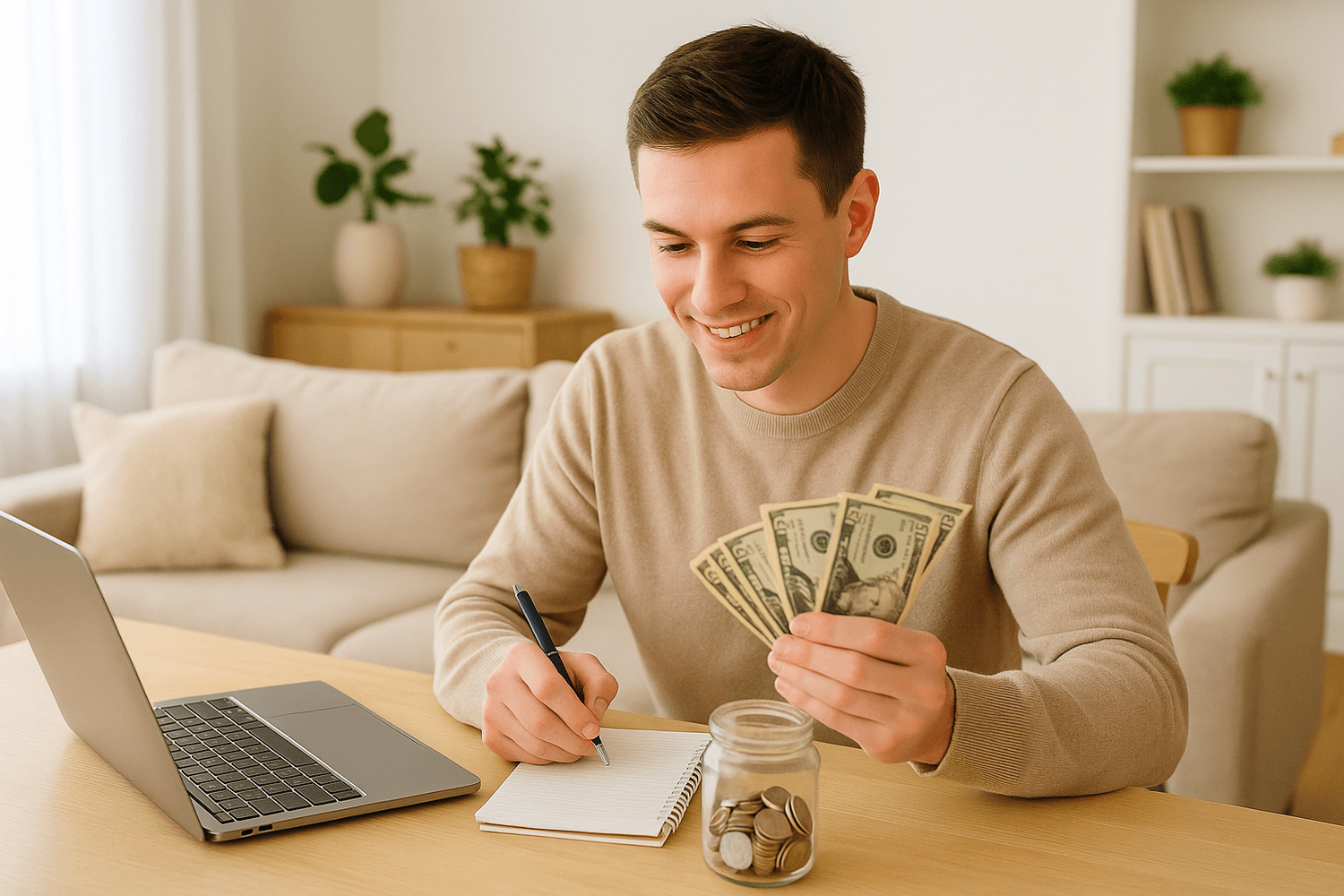 Adult seated at a wooden table in a living room, holding several U.S. dollar bills in one hand while writing in a notebook, with an open laptop on the table and a glass jar containing coins placed nearby