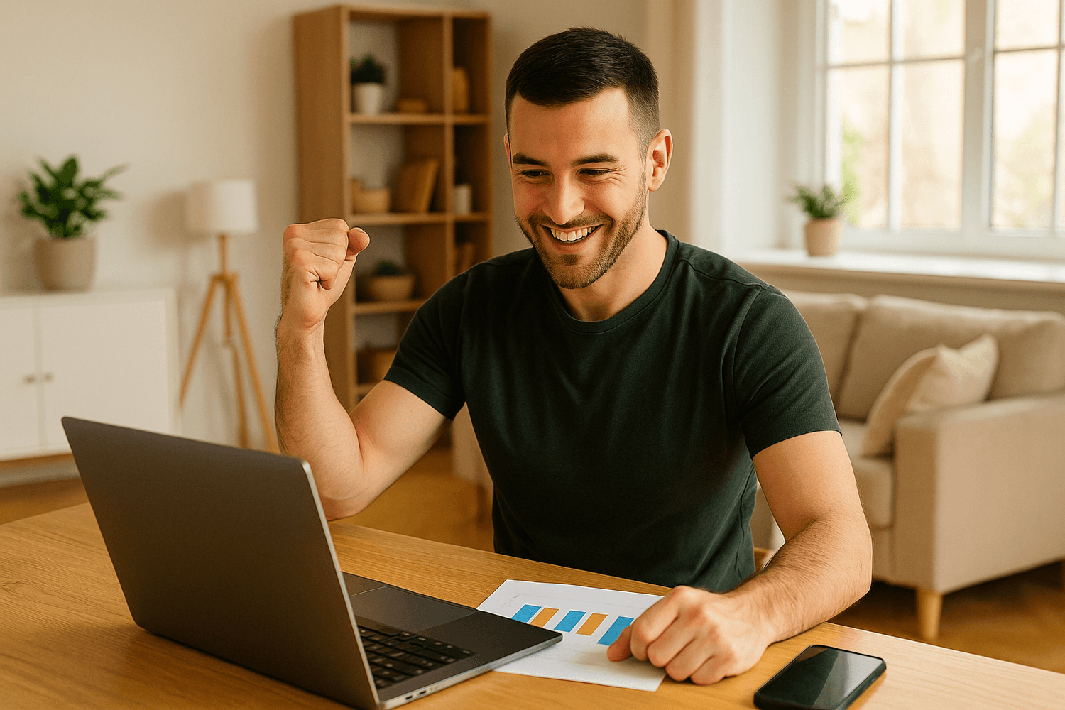 Adult seated at a table using a laptop with a printed chart on the table, raising one fist while looking at the screen in a home living room setting