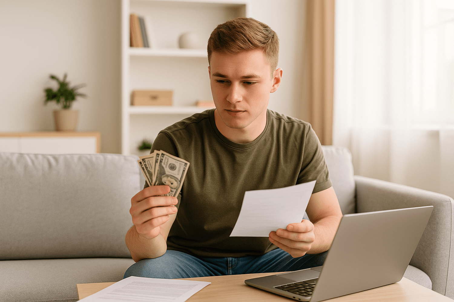 Adult seated on a couch holding paper currency in one hand and a document in the other, with a laptop open on a table in a home living room