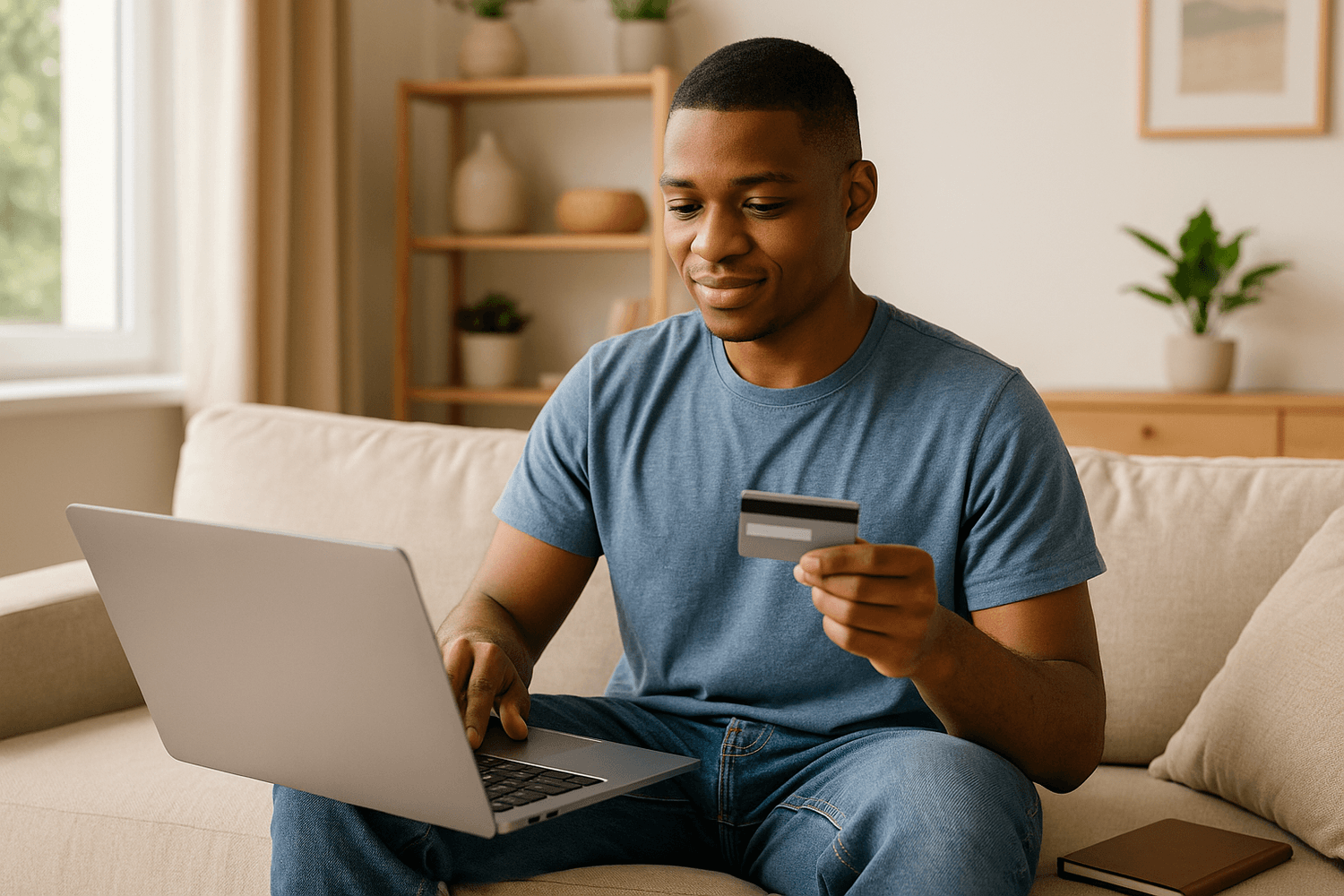 Adult seated on a couch indoors, holding a payment card in one hand and using a laptop with the other, with shelves and plants visible in the background