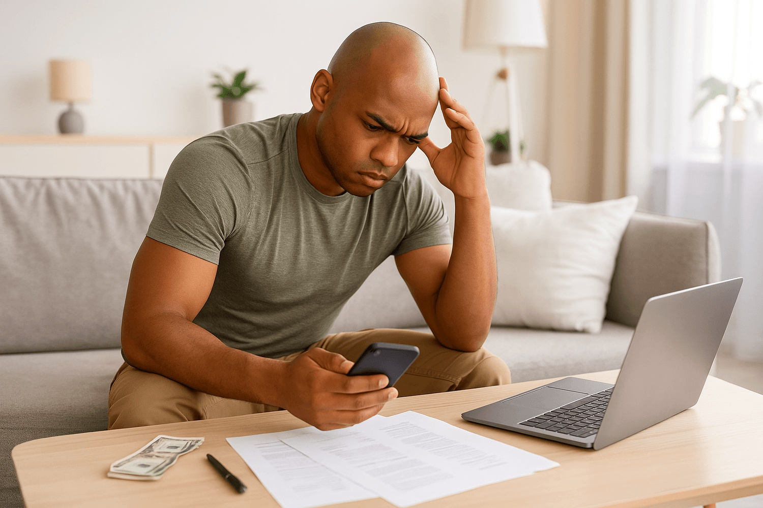 Adult seated at a table indoors, holding a smartphone and looking at papers, with a laptop, pen, and cash visible on the table