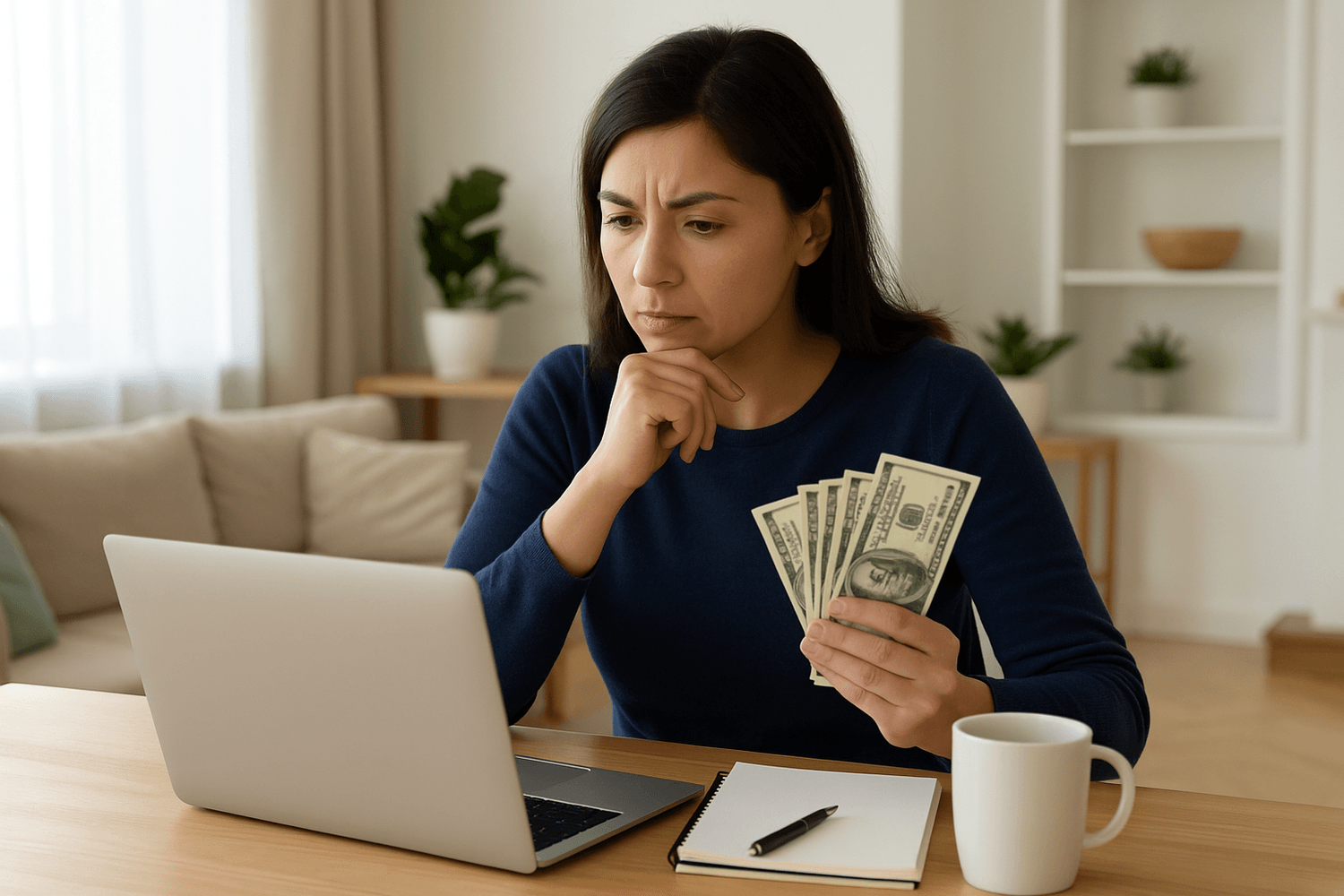 Woman sitting at a home desk, focused on a laptop while holding cash and thinking through finances during a career or income decision.