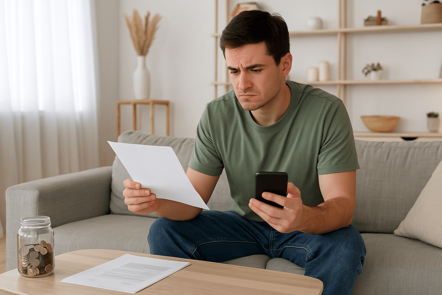 Man sitting on a couch at home, reviewing a document while checking his phone, with bills and a jar of coins on the table, appearing concerned about finances.