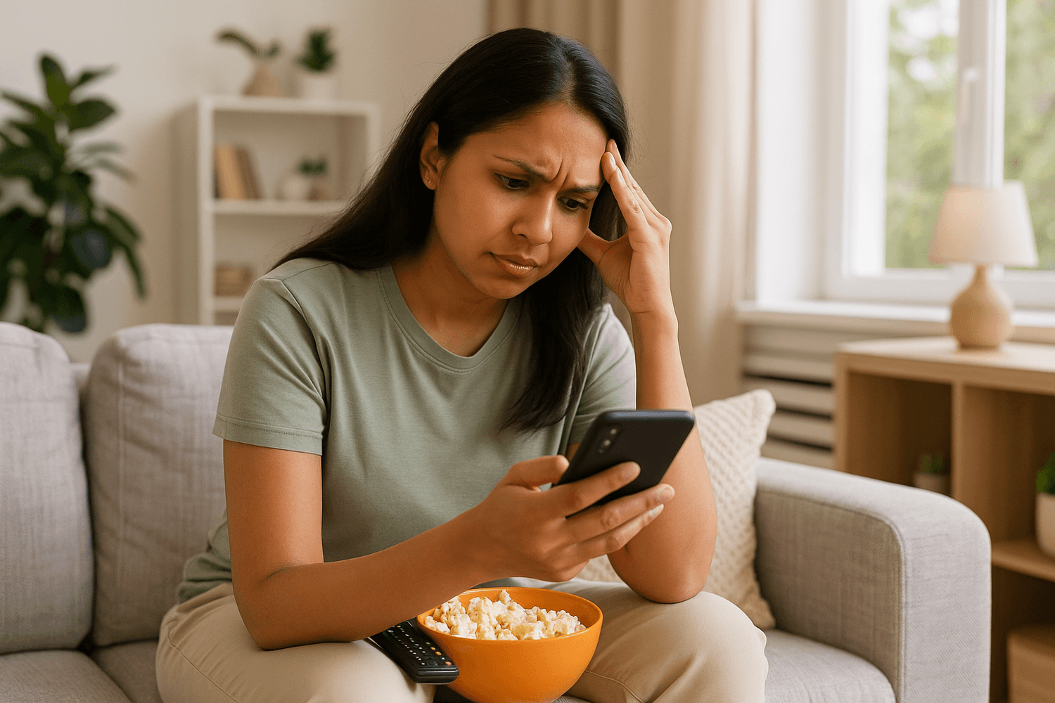 Woman sitting on a couch at home, holding her phone with a concerned expression, one hand on her forehead, with a bowl of popcorn and a TV remote nearby.