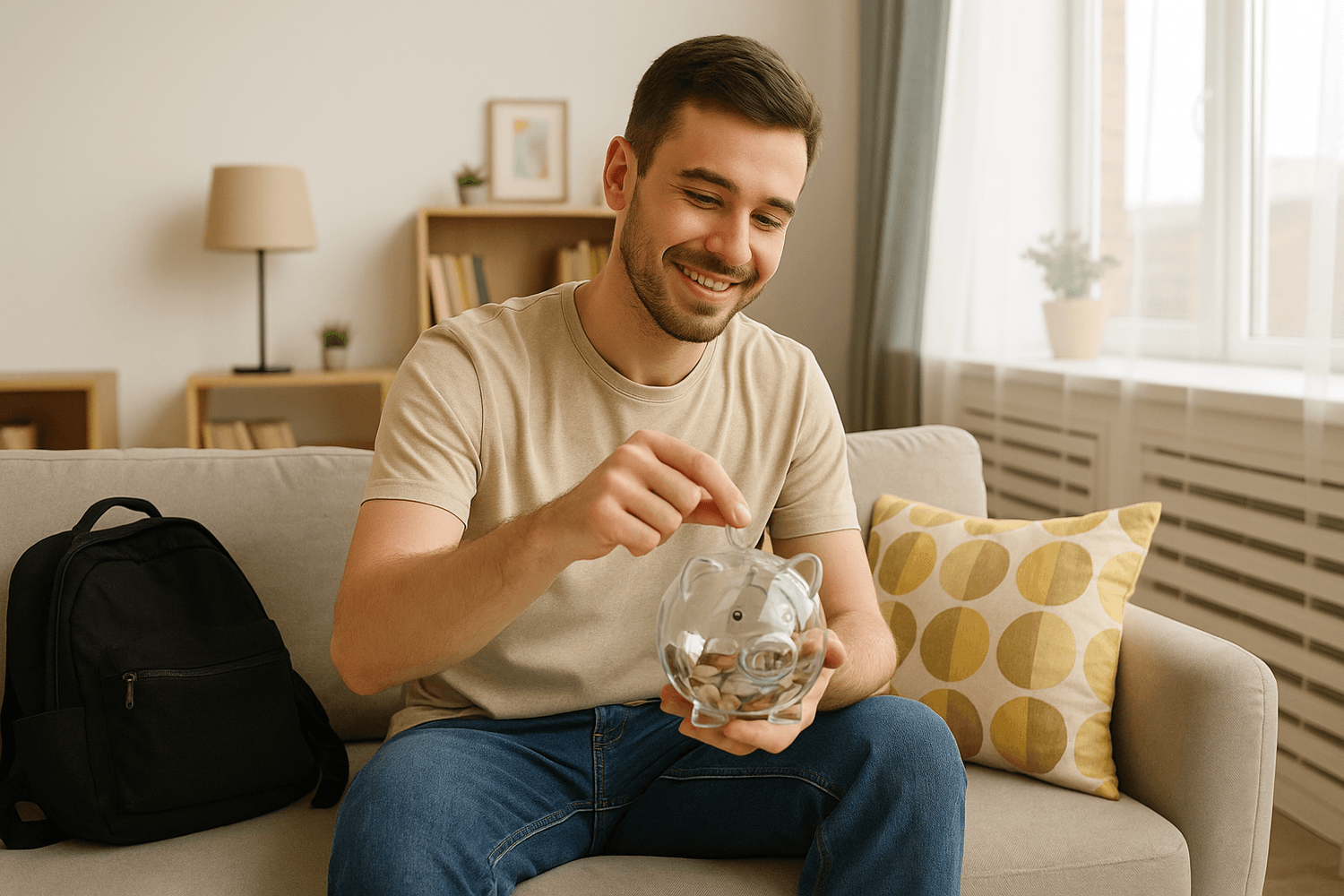 Smiling man sitting on a couch at home, placing coins into a clear piggy bank, with a backpack beside him and a bright living room in the background.