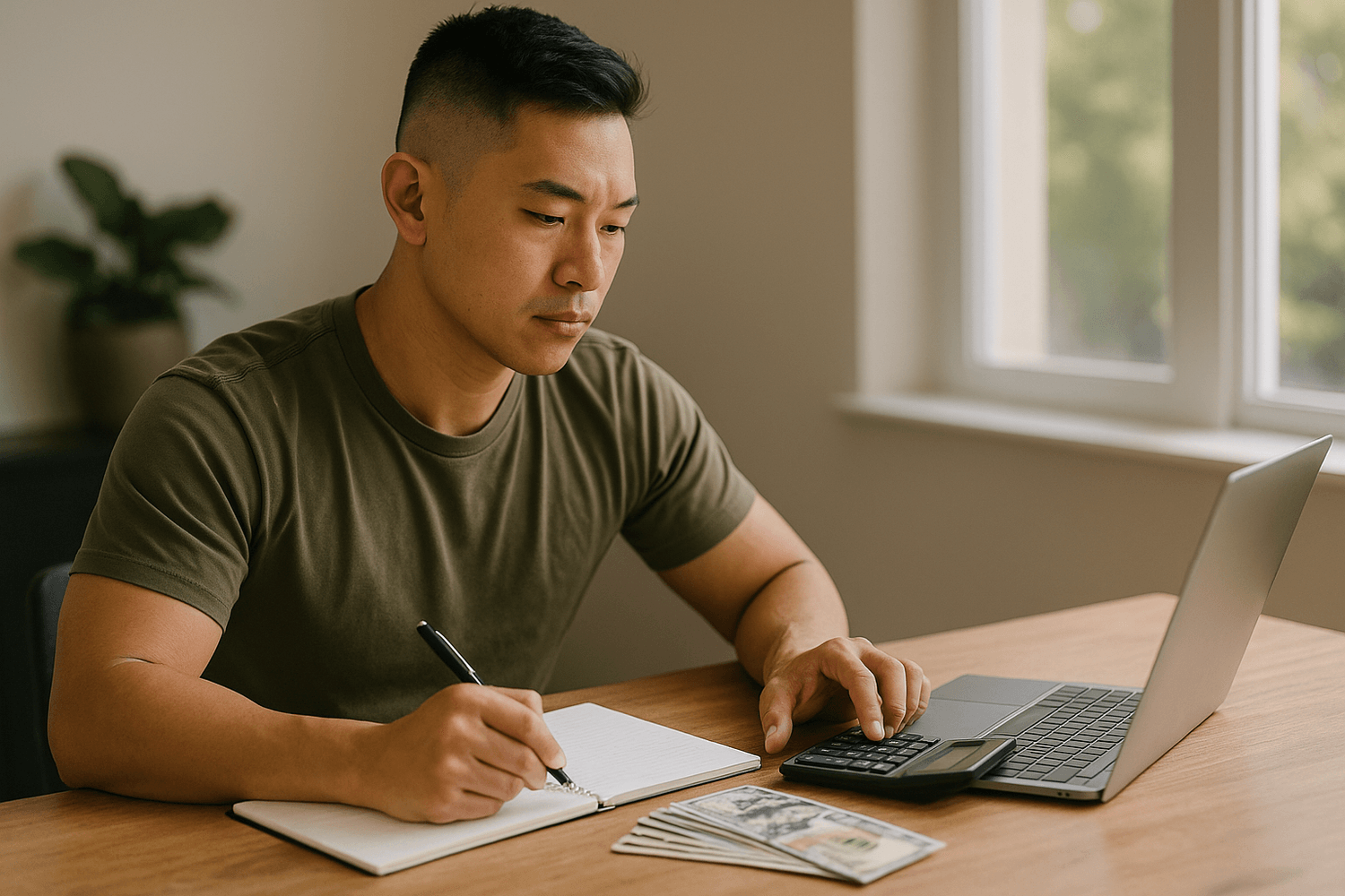 Person seated at a wooden table, writing in a notebook while using a calculator next to an open laptop, with cash laid out on the desk in a bright home workspace.