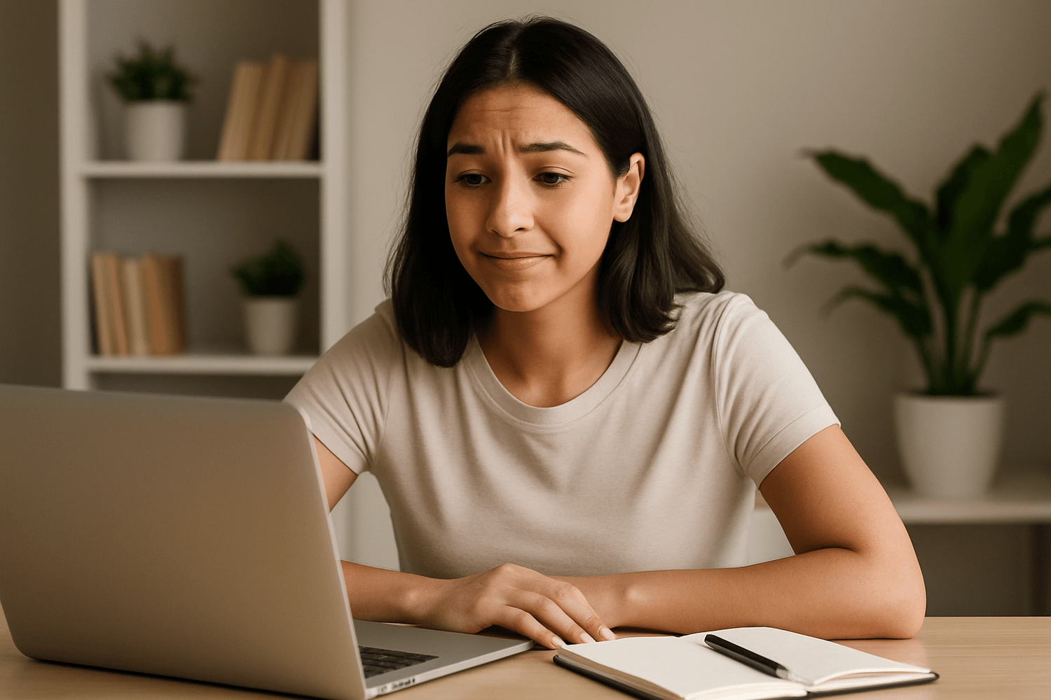 Woman seated at a desk looking at a laptop with a concerned expression, hands resting near an open notebook in a calm home office setting.