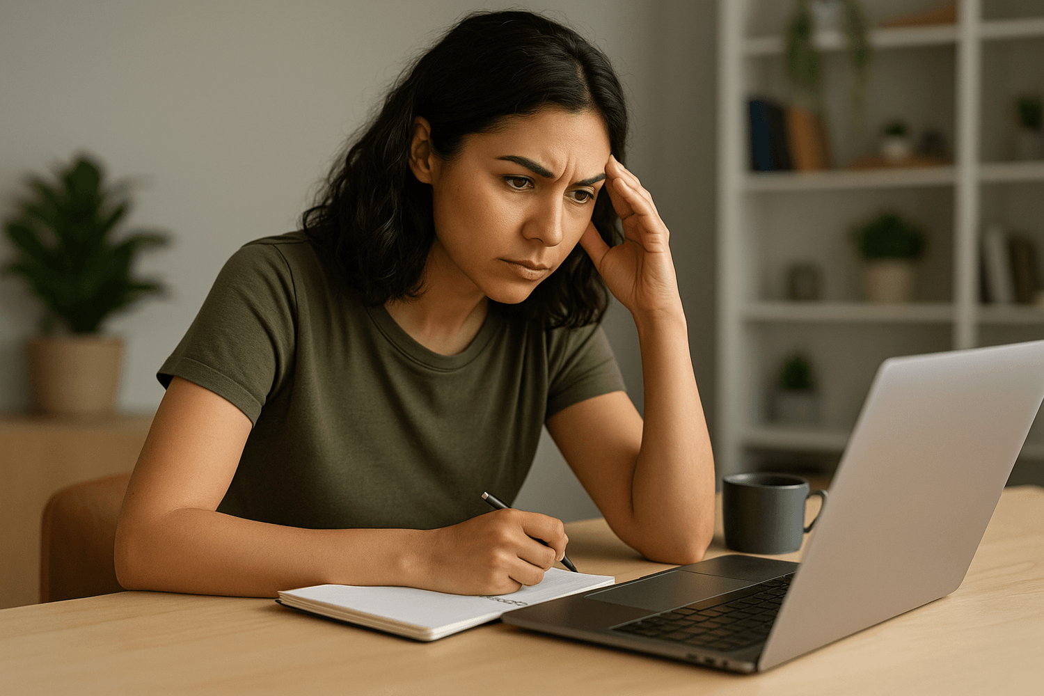 Woman sitting at a desk, resting her hand on her temple while writing in a notebook and looking at a laptop with a focused, concerned expression in a home office.