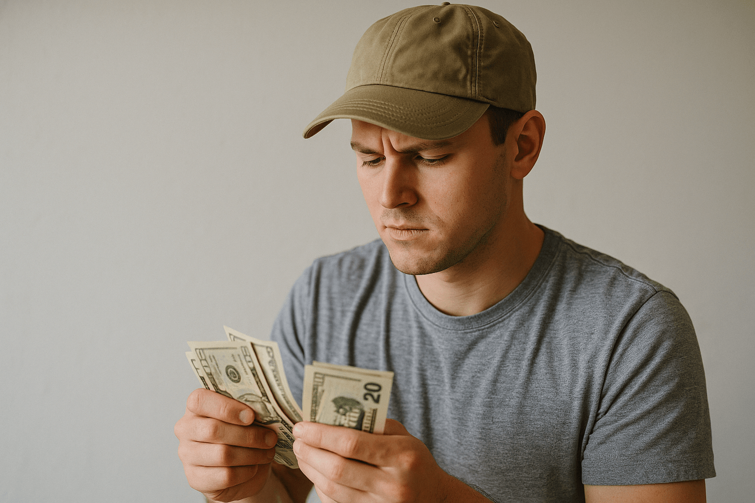 Man wearing a baseball cap and gray T-shirt, counting cash in his hands with a serious, focused expression against a plain background.