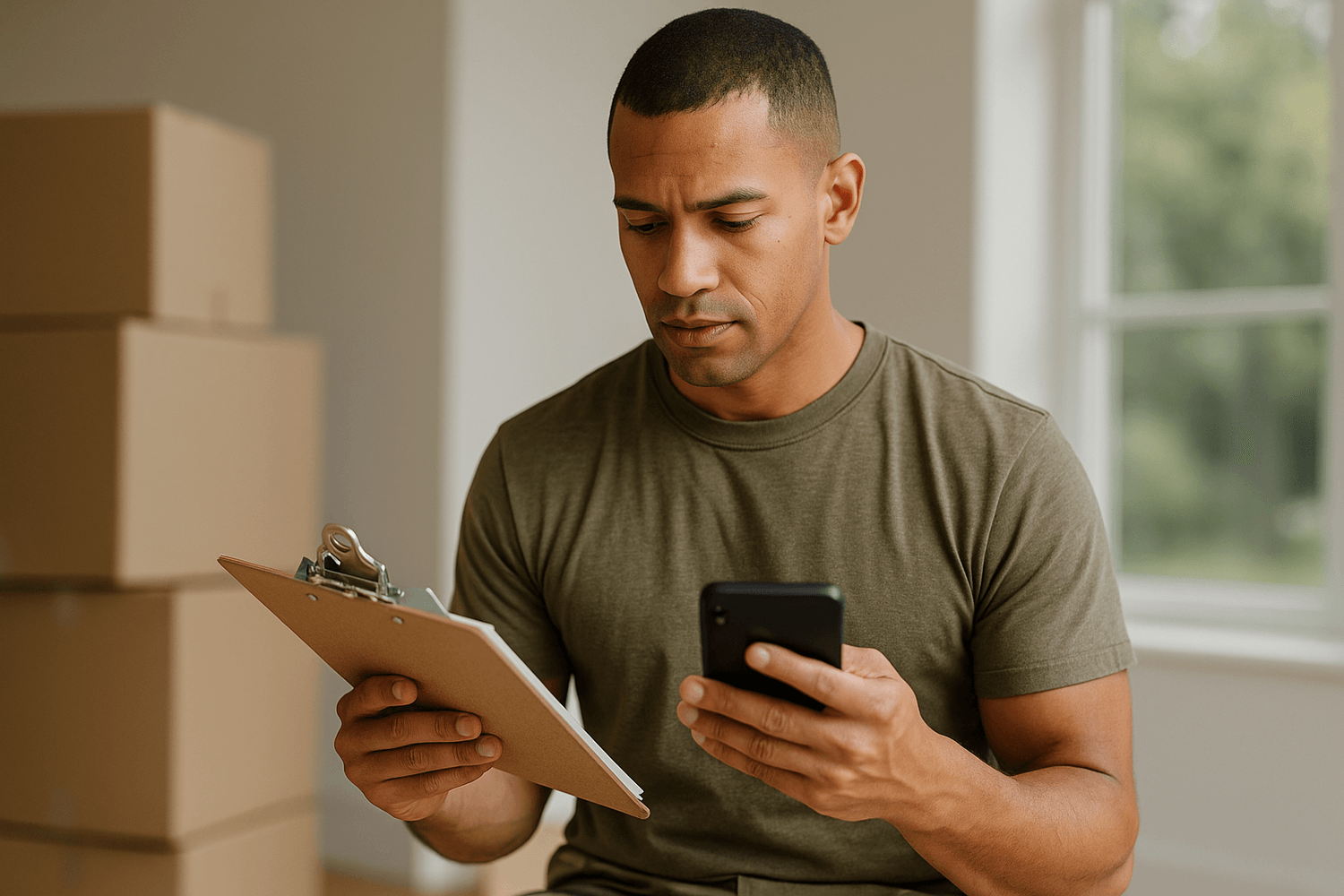 Man standing indoors holding a clipboard and checking his phone, with moving boxes stacked behind him near a window.